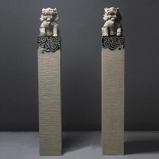 2P80新中式仿石仿古栓马柱客厅玄关大型落地狮子貔貅麒麟装饰