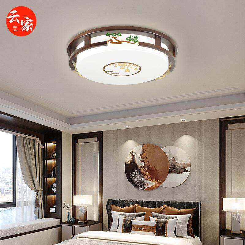 新中式铜+胡桃色实木吸顶灯长方形客厅灯简约书房卧室大气灯具