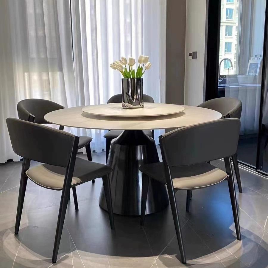 意式极简岩板餐桌现代轻奢家用圆形餐桌不锈钢黑钛高端餐厅饭桌