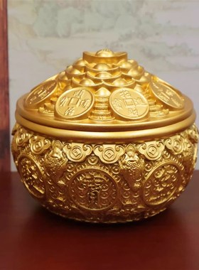 招财进宝麒d麟聚宝盆铜缸纯黄铜米缸摆件客厅家居聚财小铜盆存钱