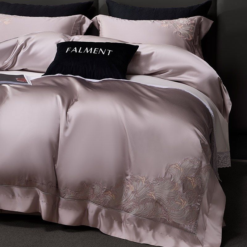 高级真丝棉锦锻四件套100S长绒棉精F湛刺绣被套床盖床单床品灰咖