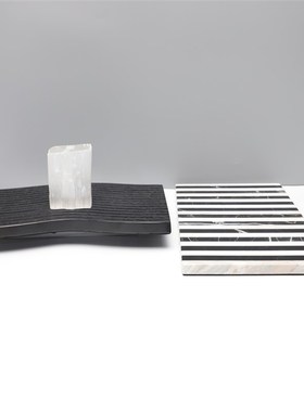 欧式现代创意黑j白条纹托盘摆件样板房售楼部卧室书房客厅餐厅饰