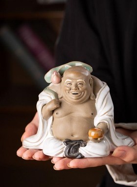 《和合尊者》书房桌面小摆件茶桌茶宠国J风手工雕塑弥勒佛石湾公