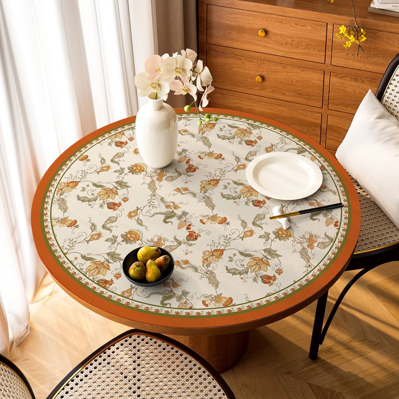 新中式实木餐桌圆桌垫防水防油转盘F垫子皮革茶几垫中古风圆形桌