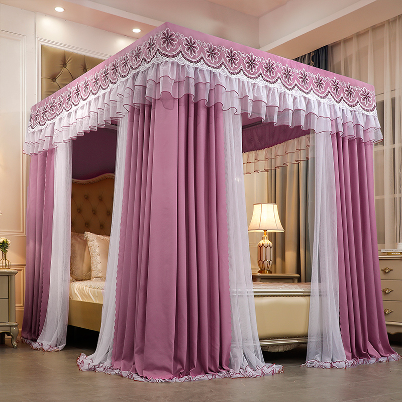 蚊帐家用2023新款遮光床帘一体式落F地支架双人公主三开门网红纹