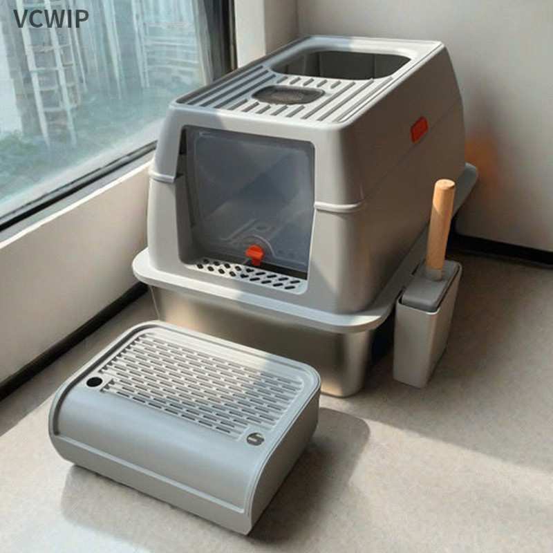 p9j不锈钢巨型60cm全封闭宠物猫猫砂盆防外溅特大号猫厕所顶出带