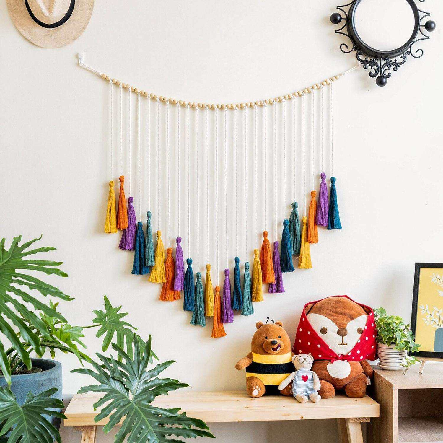 北欧风彩色流苏背景挂毯 波西米亚风格手工编织木珠壁毯 外贸货源