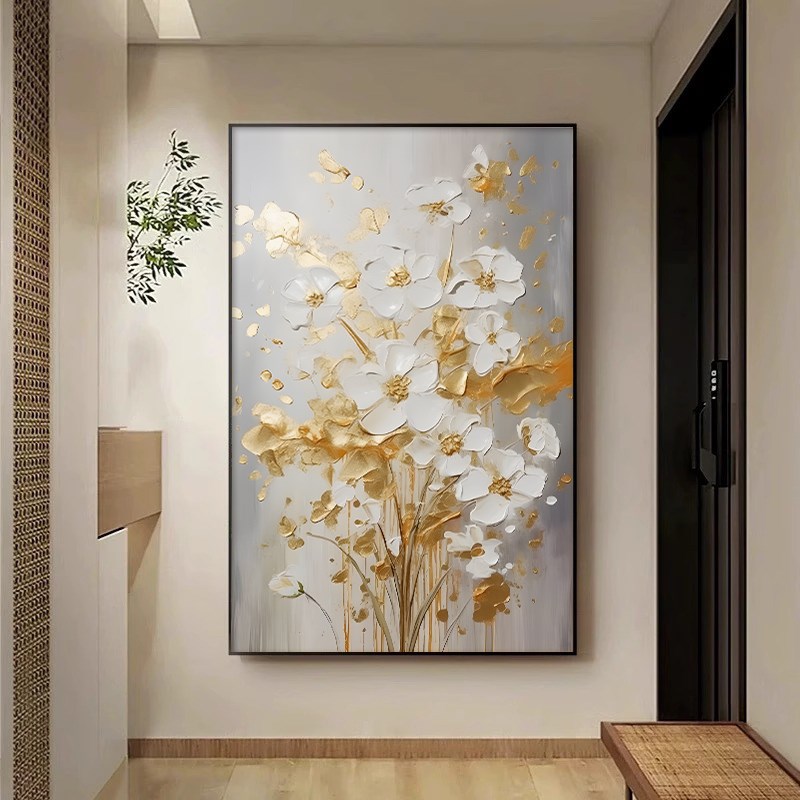 轻奢花卉手绘油画玄关装饰画大芬村高级感金箔挂画客厅背景墙挂画图片