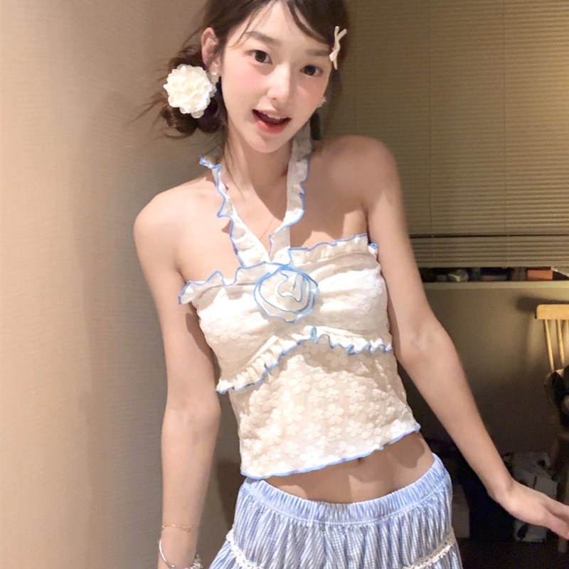 泰国挂脖吊带背心女性感辣妹风上衣短裙分体泳衣女保守学生甜美