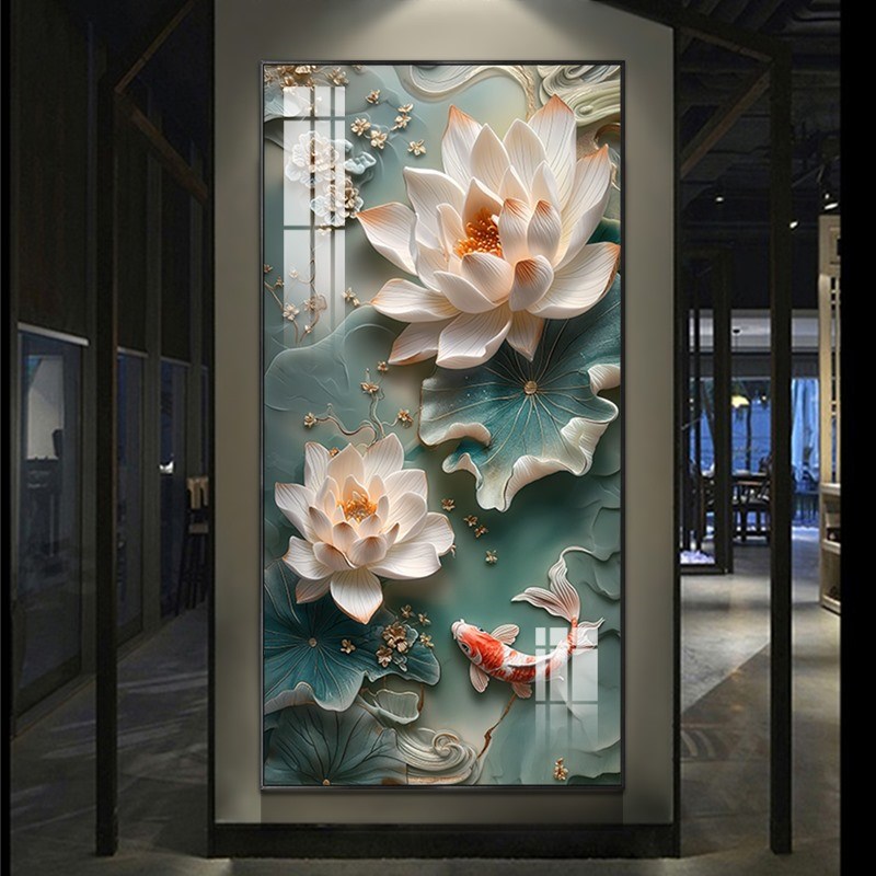 国潮风入户玄关背景墙装饰画时尚创意过道走廊高档壁画大气荷花图图片