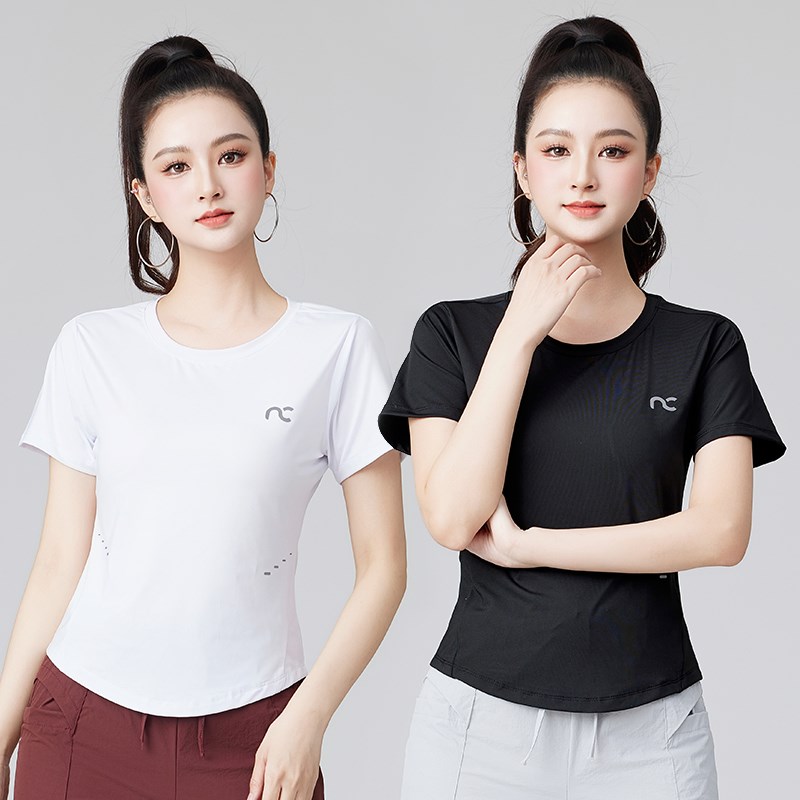 薄款速干短袖跳舞衣服黄色圆领T恤广场舞健身操大码宽松运动上衣