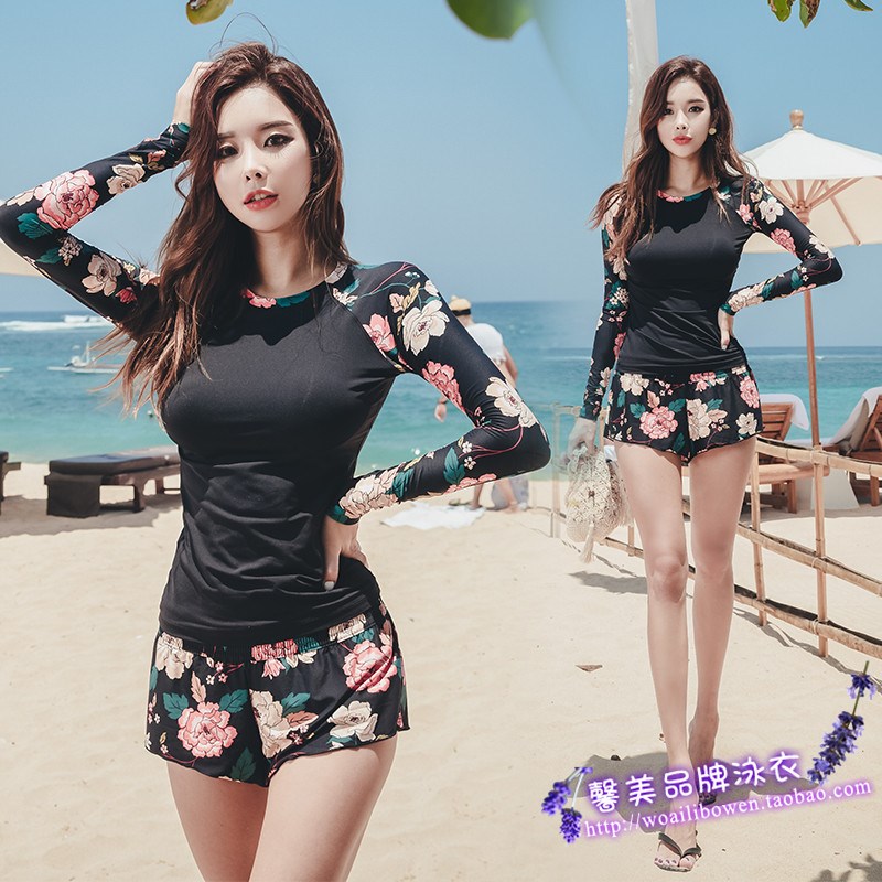 分体泳衣女2019新款长袖平角保守遮肚显瘦时尚大码性感温泉游泳装