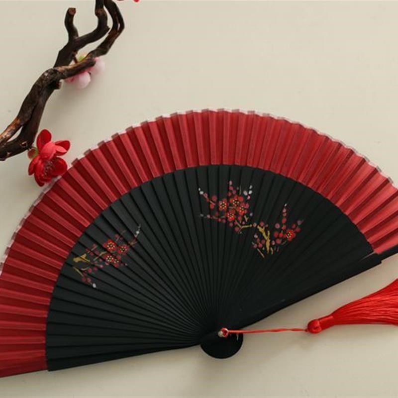 精品女扇6寸折扇走秀旗袍扇手绘扇竹柄扇子夏天日用扇暗红色桃花