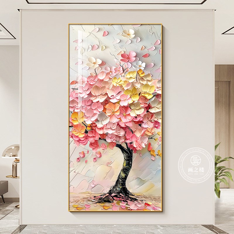 发财树玄关装饰画奶油风大芬村油画走廊过道尽头壁画喷绘花卉挂画图片