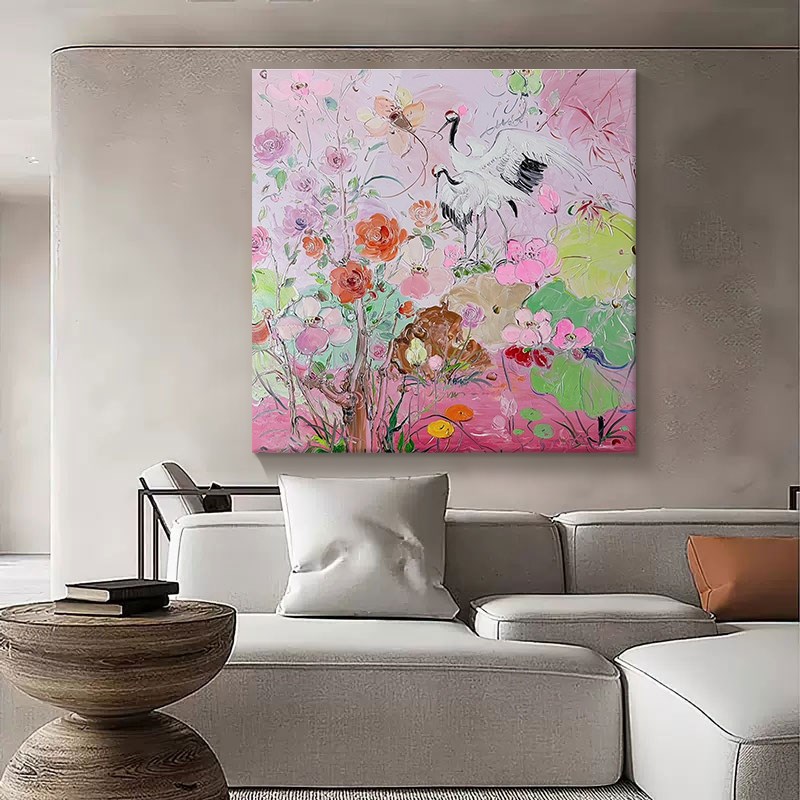仙鹤呈祥玄关手绘油画抽象花卉立体肌理客厅装饰画国风丹顶鹤挂画图片