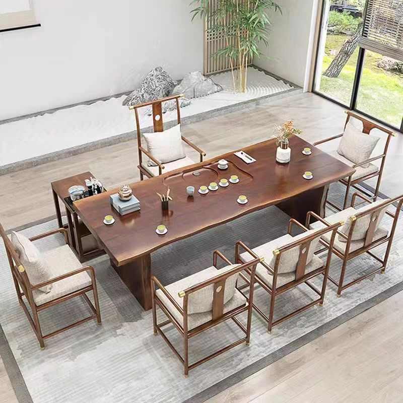 整板实木茶桌2米4办公室茶室功夫泡茶台原木大板新中式茶桌椅组合
