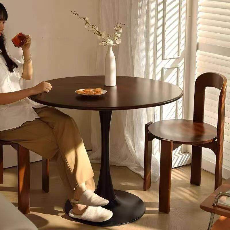 【现货】北欧复古郁金香胡桃圆形实木圆桌餐桌家用小户型咖啡阳台
