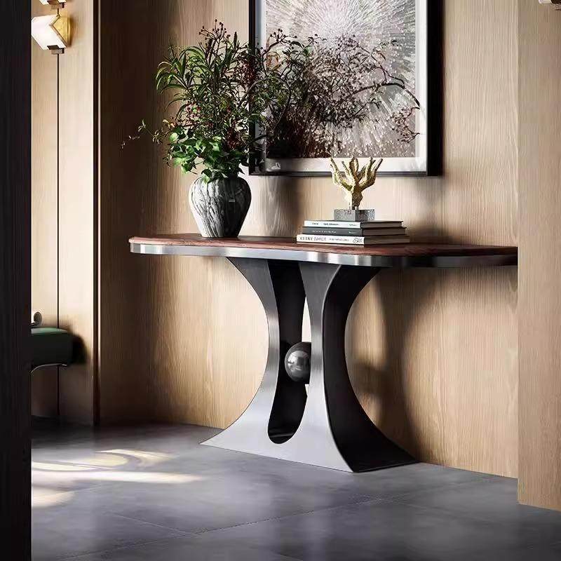 新中式北美黑胡桃木关桌轻奢不锈钢玄关台靠墙条案现代简约端景台