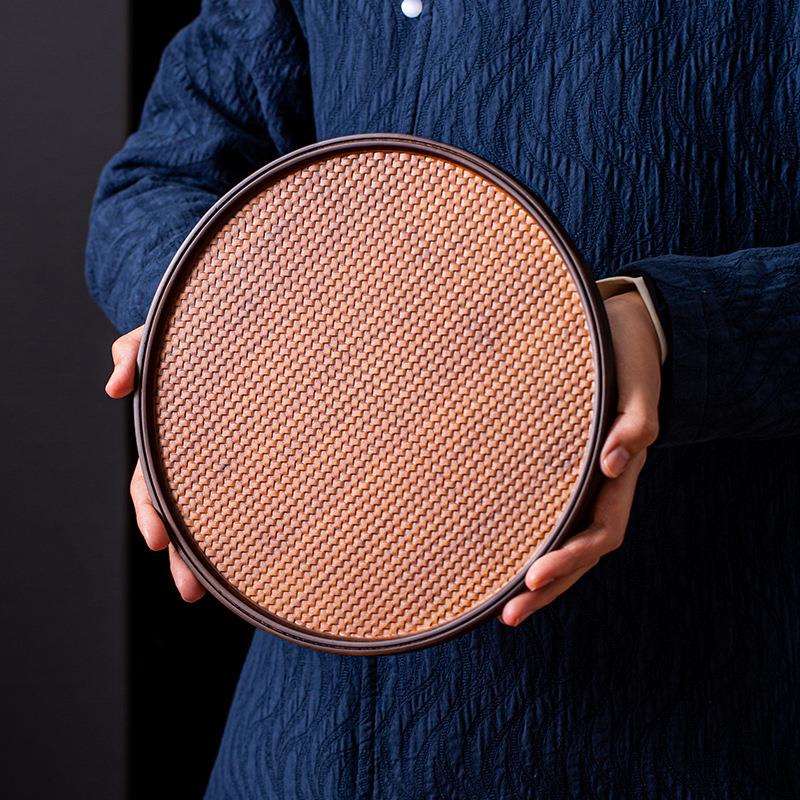 重竹编纹干泡盘长方形茶盘竹制席面家用简约功夫圆形茶台茶托