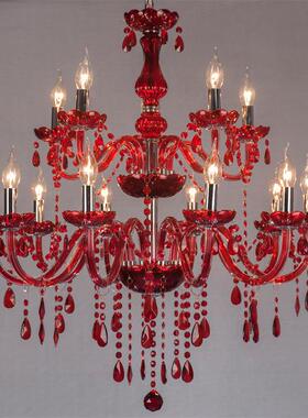10+5高款双层红色水晶吊灯真2层15头红色玻璃吊灯蜡烛灯婚庆 KTV