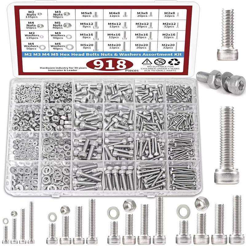 跨境 918PCS/盒装304不锈钢M2 M3 M4 M5杯头螺丝螺母垫片组合套装