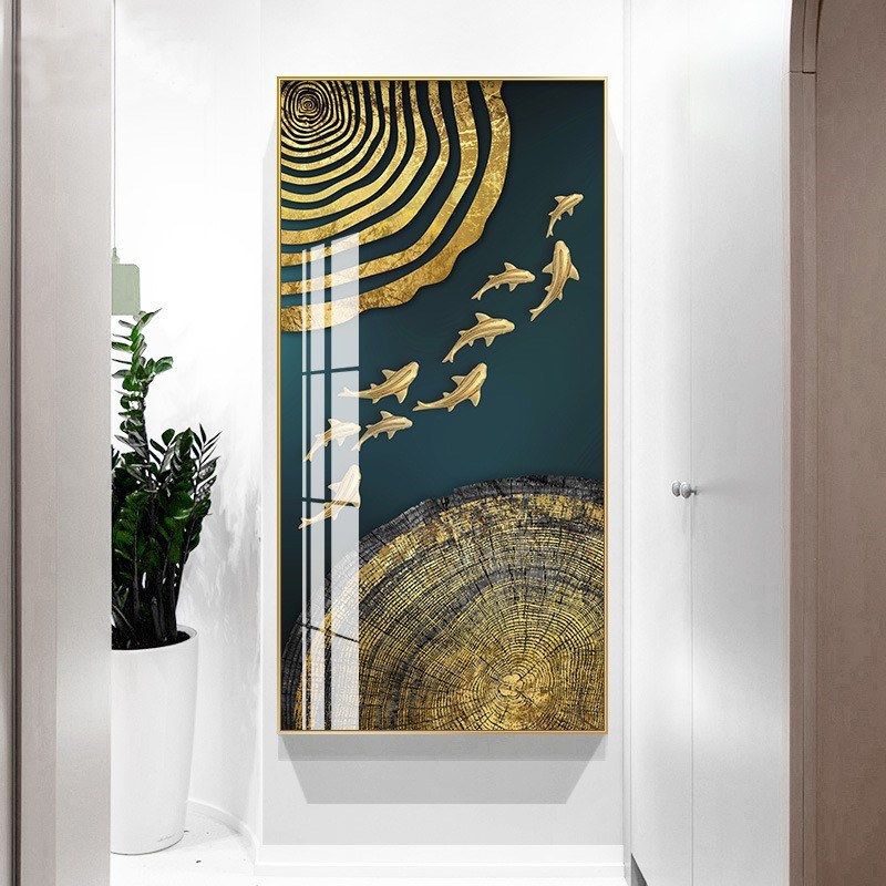 进门入户玄关装饰画轻奢客厅九鱼图走廊过道壁画北欧现代竖版墙画图片