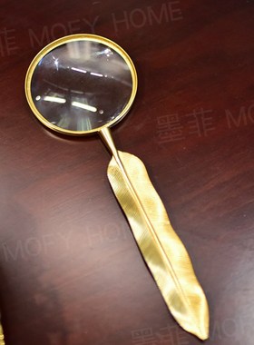 黄铜放大镜美式书房办公室书桌装饰品手持放大镜复古样板房间摆件
