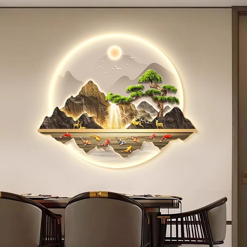 新中式入户玄关装饰画流水生财走廊中堂挂画高级感迎客松led灯画