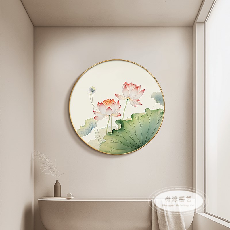 新中式荷花净秽图卫生间装饰画防水洗手间挂画圆形免打孔浴室壁画图片