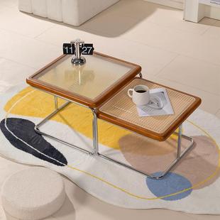 复古原木家用藤编茶几法式简约现代小户型边几客厅方形玻璃黑色桌