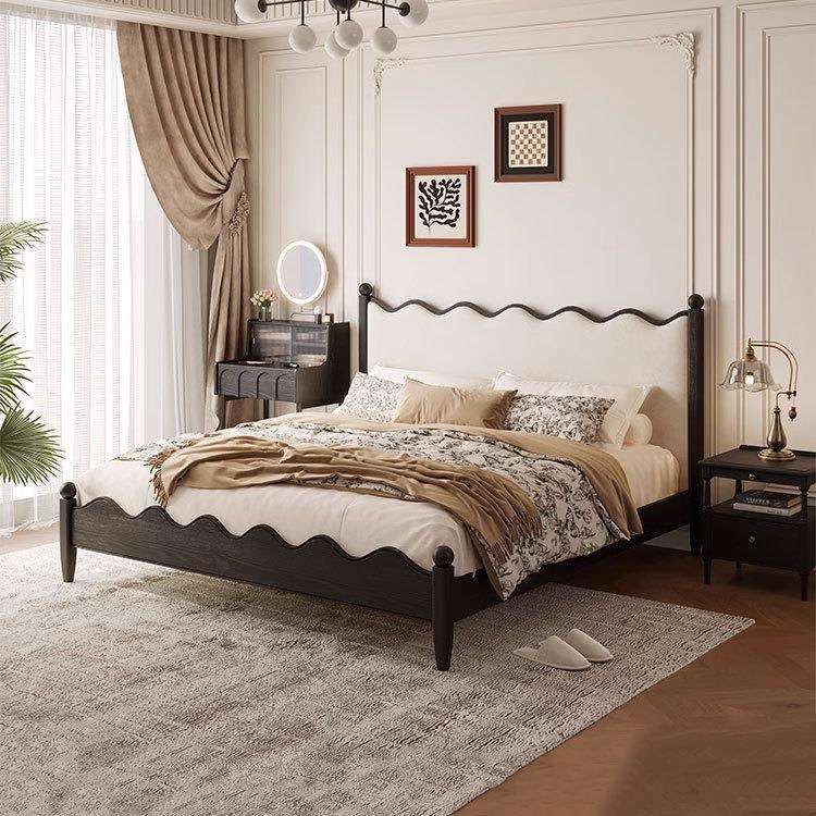 法式复古中古风实木床小户型空间主卧黑色双人床美式白蜡木双人床