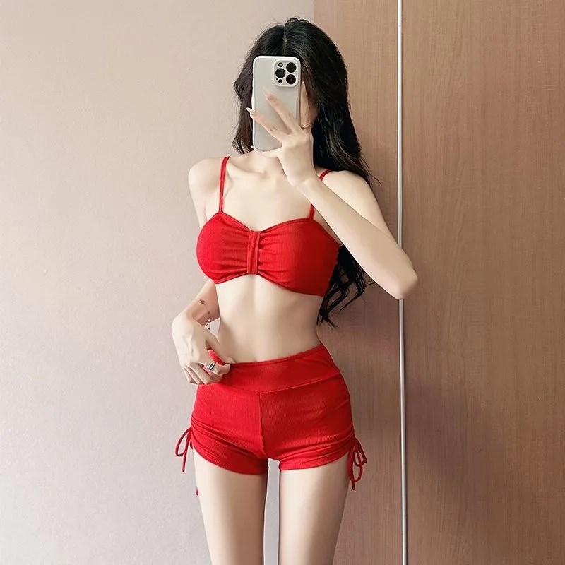 泳衣女遮肉显瘦分体平角泳裤保守三件套甜辣少女微胖MM度假游泳装
