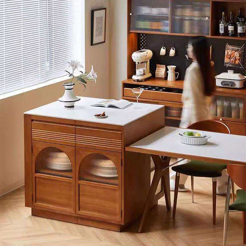 实木岩板岛台简约开放式厨房吧台小户型餐桌一体收纳储物柜餐边柜