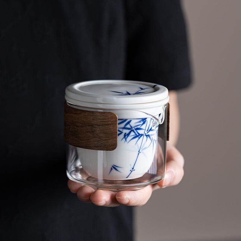 手绘蓝竹快客杯一壶三杯陶瓷便携式旅行茶具套装中式国风泡茶壶杯