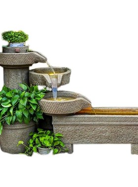 中式假山流水喷泉阳台造景观庭院花园石磨循环水装饰户外鱼池摆件