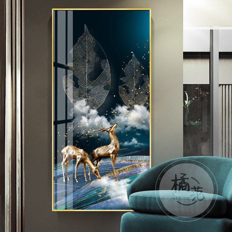 镶钻晶瓷画3d立体轻奢招财风水挂画麋鹿玄关装饰画走廊过道壁画图片