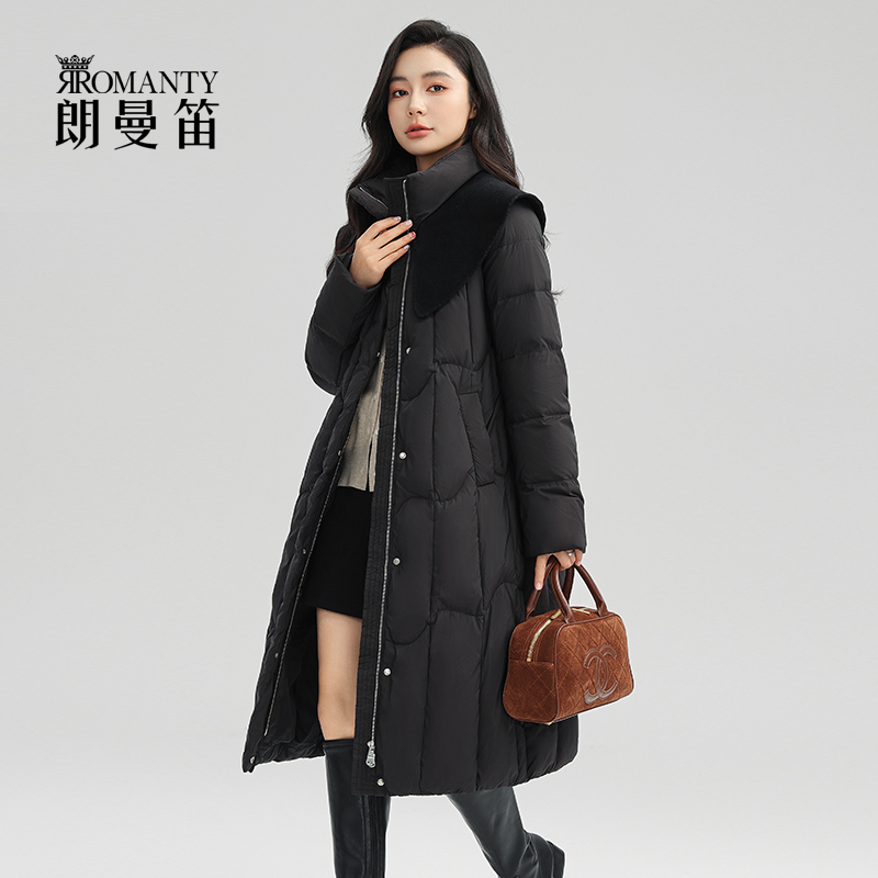 朗曼笛气质羽绒服女长款时尚保暖加厚上衣翻领收腰简约鸭绒外套