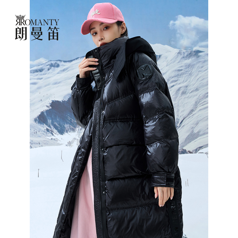 朗曼笛亮面羽绒服女中长款连帽加厚鸭绒上衣2025冬季新款过膝外套
