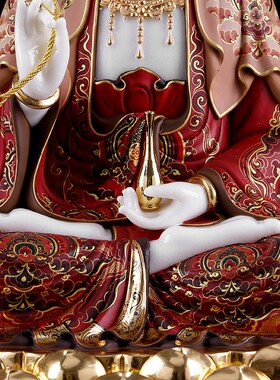 汉白玉彩绘观音菩萨鎏金精雕金坐莲观音佛像摆件家用供奉