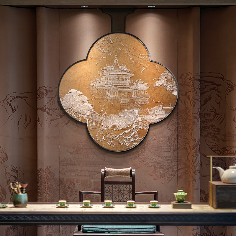 新中式山水画境金箔立体浮雕茶室装饰画入户玄关圆形餐厅背景挂画图片