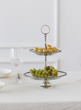 进口欧式轻奢铝制金属金色爬花绕枝高脚玻璃蛋糕点心托盘摆件装饰