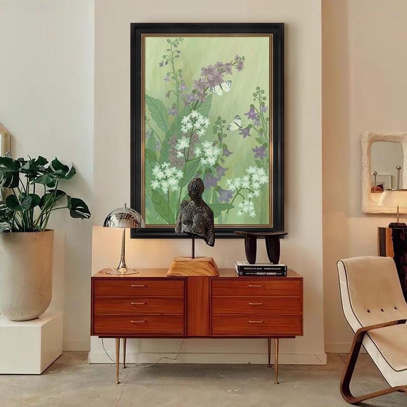 中古风客厅装饰画绿色植物花卉手绘油画抽象蝴蝶入户玄关走廊挂画图片