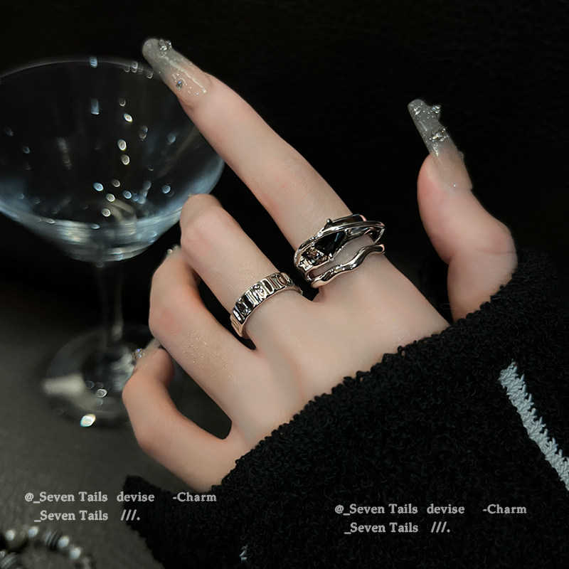 几何冷淡风ins黑水晶戒指小众设C计时尚个性高级感开口戒网红女潮