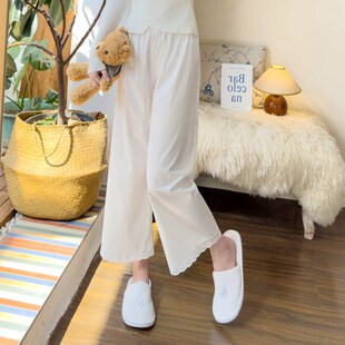 梭织纯棉布蕾丝边睡裤女士大码夏季清新纯色家居裤百搭可外穿长裤