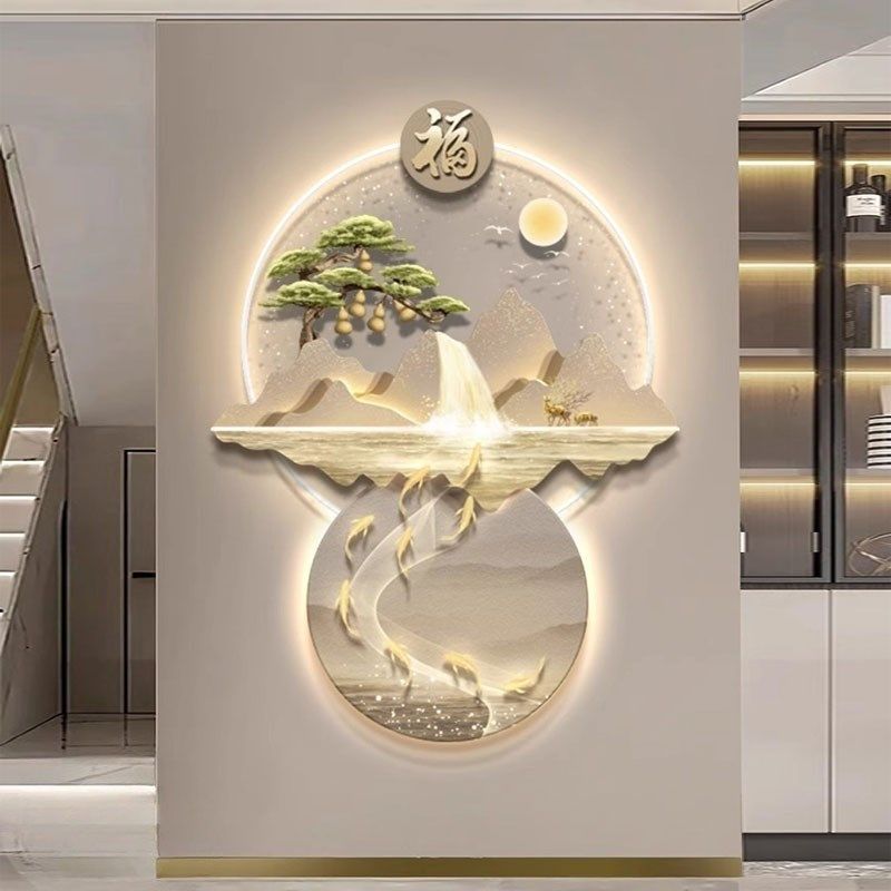 灯光画入户玄关装饰画有靠山流水生财九鱼图客厅挂画走廊过道壁灯