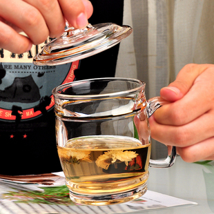描金玻璃杯家用杯子透明水杯泡茶大容量带把手带盖茶杯办公会议杯