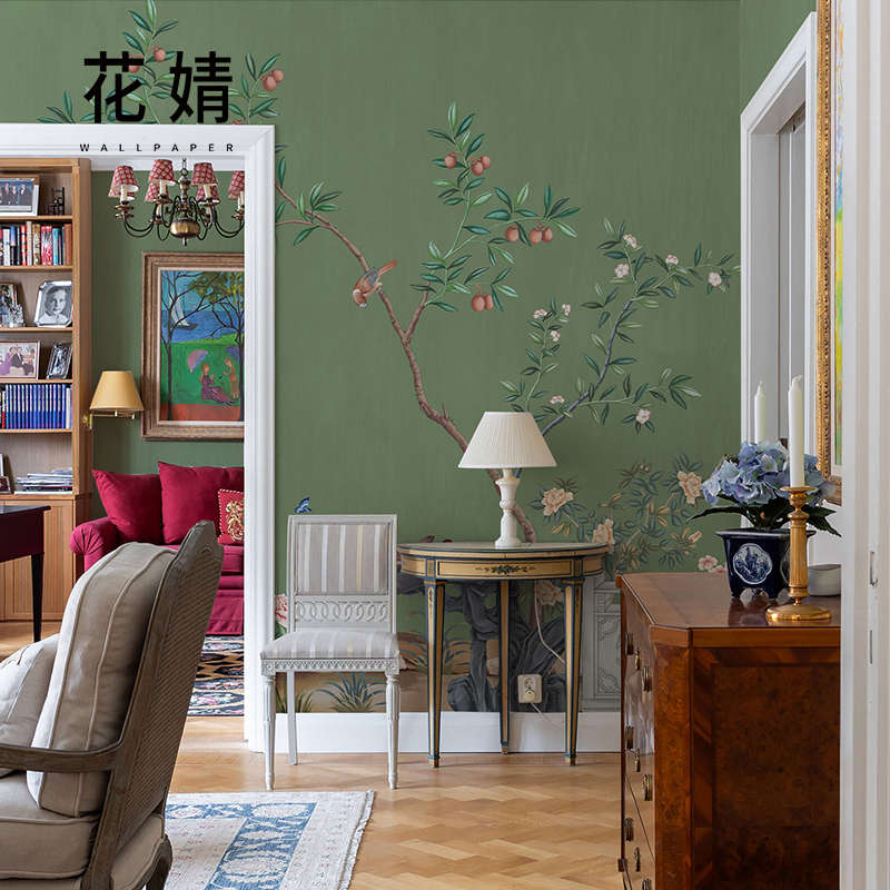 花鸟壁纸中法式餐厅民宿背景墙纸壁画定制卧室酒店客房无纺布墙布