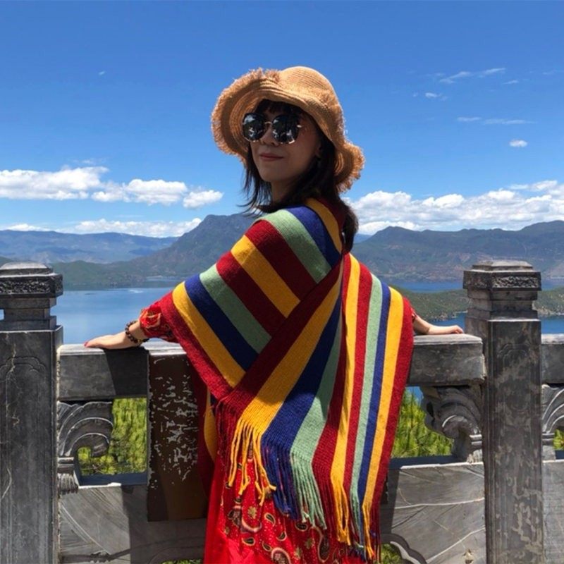 大西北青海旅行套头毛衣保暖针y织衫沙漠拍照民族风披肩女斗篷披