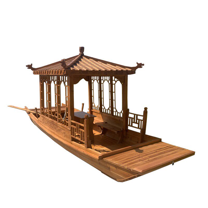 仿古木船渔船实木餐饮船单亭水上电动手划摇撸装饰观光旅游画舫船