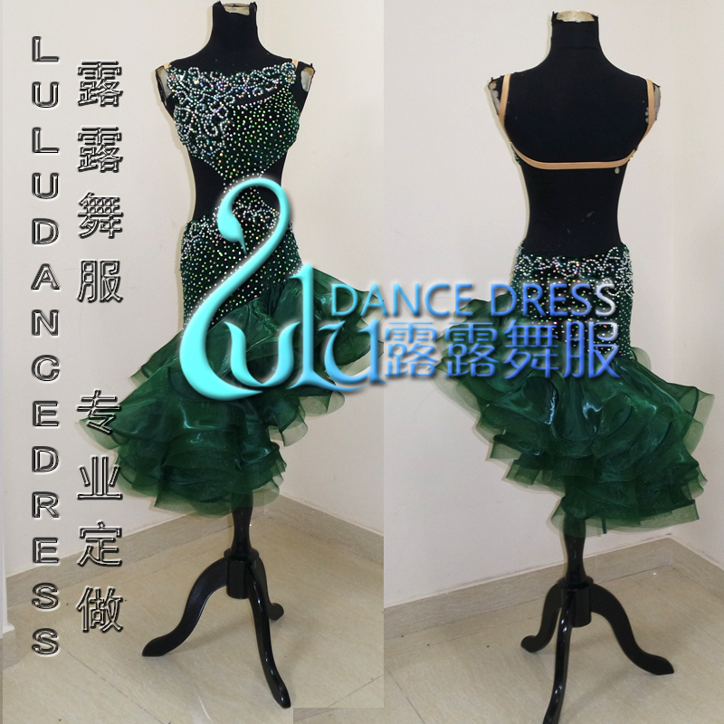 拉丁舞比赛服成人女拉丁舞表演演出舞蹈服装 墨绿色可爱蓬蓬裙
